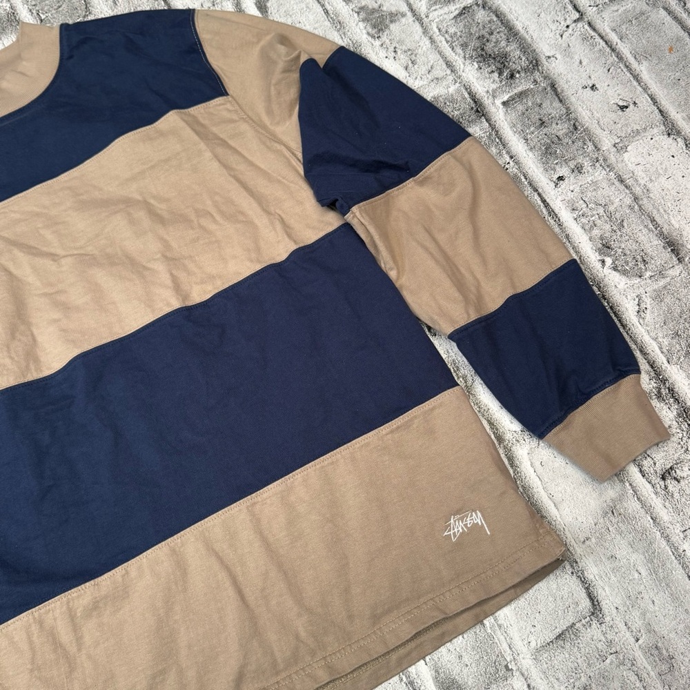 Stussy striped long-sleeve rugby shirt navy and beige Sz Large Men’s - Picture 3 of 12